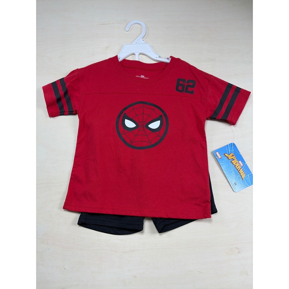 Marvel Spider-Man Boys 2 Piece Jersey T-Shirt and Mesh Shorts Set Red Black 3T